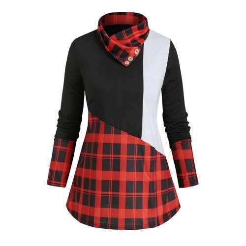 Plaid Panel Buttoned Cowl Neck Colorblock Top - Red S