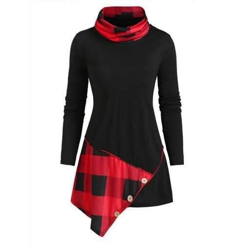 Plaid Panel Buttoned Cowl Neck Asymmetrical Top - Red L