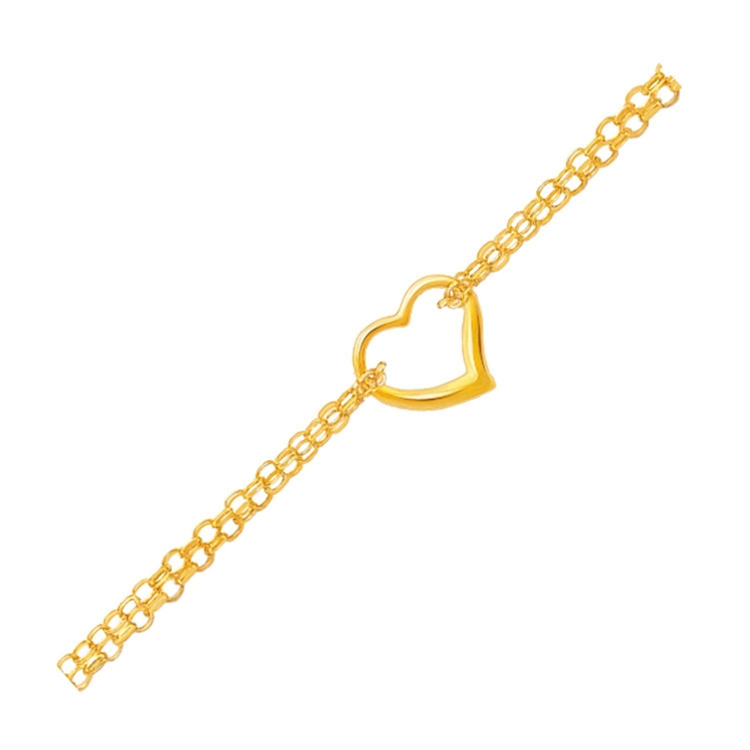 14k Yellow Gold Double Rolo Chain Anklet with an Open Heart Station, size 10''