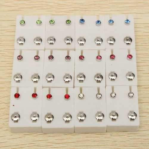 12 Pairs Rhinestone Round Steel Earrings Ear Studs Women Men