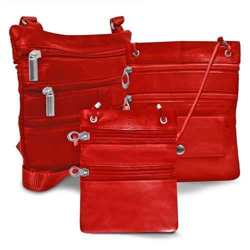 All Leather Set Of 3 Casual On The Go Bags-Red Color