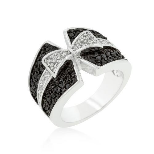 Jet Black and Clear Cubic Zirconia Bow Tie Ring