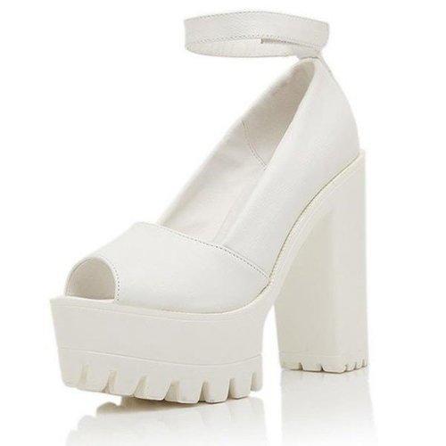 Leather Strappy Chunky Heel Pure Color Piscine Mouth Sandals