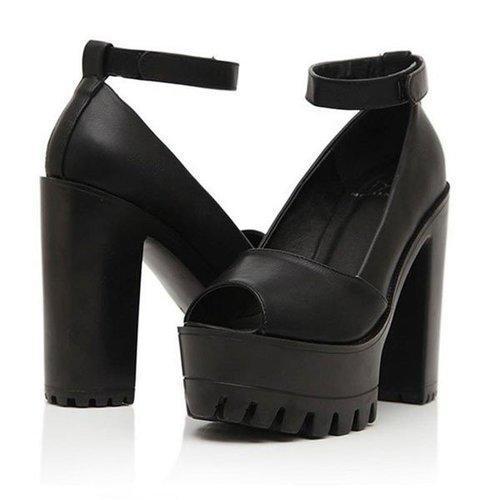 Leather Strappy Chunky Heel Pure Color Piscine Mouth Sandals