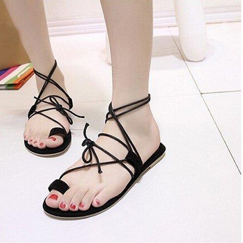 Retro Simple Lace Up Flat Clip Toe Sandals