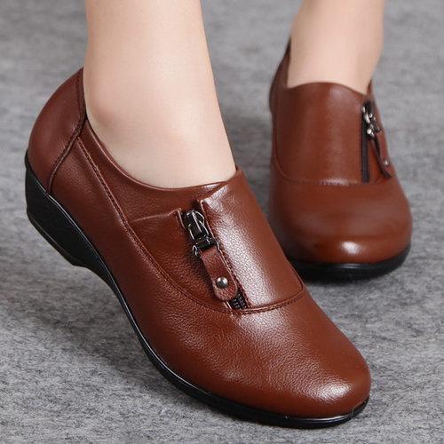 Big Size Leather Zipper Soft Slip On Wedge Heel Loafer