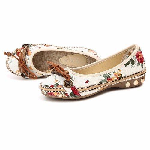 Bowknot Button Flower Small Wooden Decoration Slip On Flat Loafers