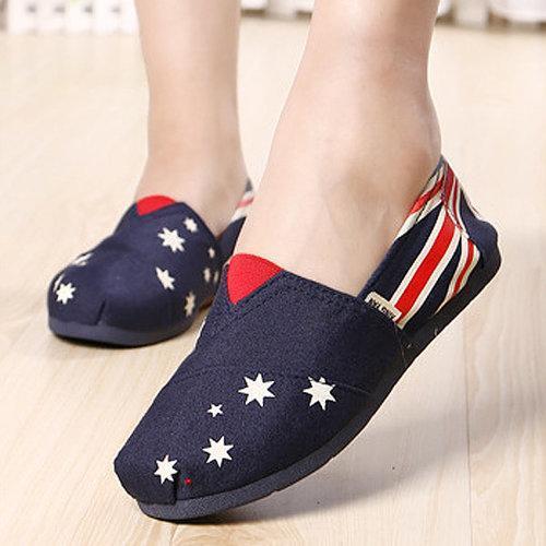 Canvas Pattern Print Star Stripe Flag Color Match Slip On Flat Loafers