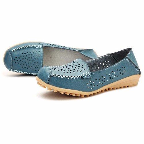 Leather Hollow Out Pure Color Breathable Slip On Flat Shoes