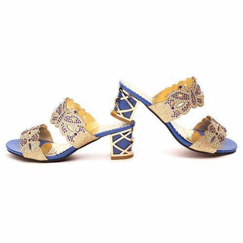 Butterflyknot Floral Crystal Beaded Bling Peep Toe Hollow Out Square Heel Slip On Slippers