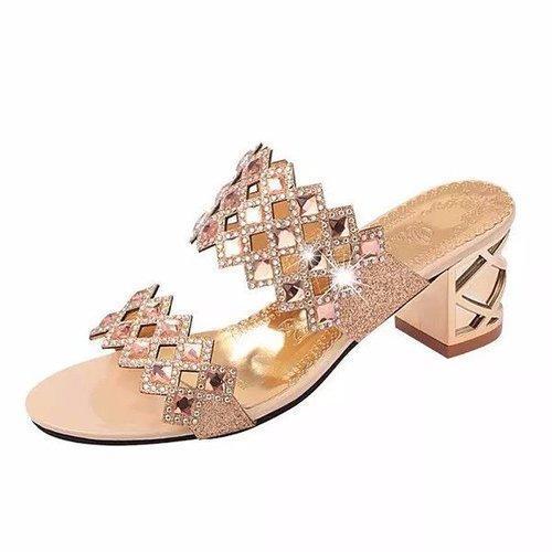 Rhombus Rhinestone Beaded Bling Hollow Out Peep Toe Square Heel Slippers