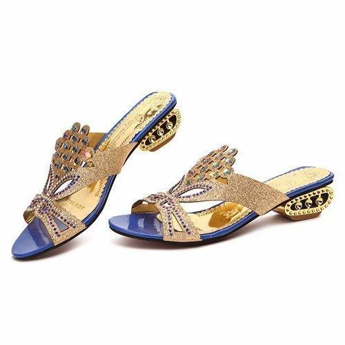 Rhinestone Crystal Butterflyknot Beaded Peep Toe Hollow Out Slip On Slippers