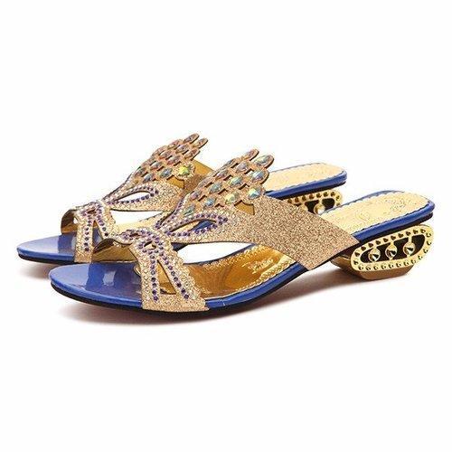 Rhinestone Crystal Butterflyknot Beaded Peep Toe Hollow Out Slip On Slippers