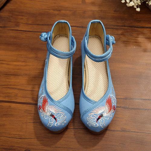 Crane Cloud Embroidery Chinese Knot National Wind Lace Up Wedge Heel Shoes