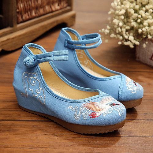 Crane Cloud Embroidery Chinese Knot National Wind Lace Up Wedge Heel Shoes