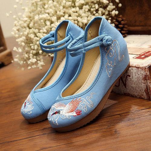 Crane Cloud Embroidery Chinese Knot National Wind Lace Up Wedge Heel Shoes