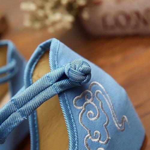 Crane Cloud Embroidery Chinese Knot National Wind Lace Up Wedge Heel Shoes