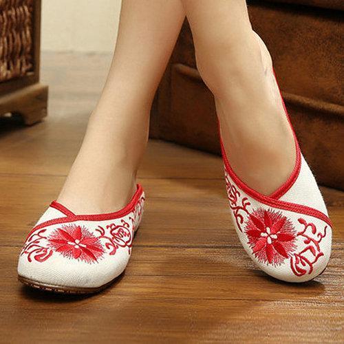 Flower Embroidery Retro National Wind Open Heel Slip On Flat Slippers