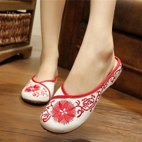 Flower Embroidery Retro National Wind Open Heel Slip On Flat Slippers