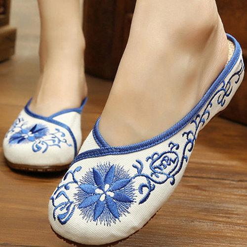 Flower Embroidery Retro National Wind Open Heel Slip On Flat Slippers