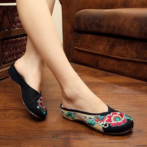 Floral Embroidery National Wind Open Heel Color Match Slip On Flat Shoes