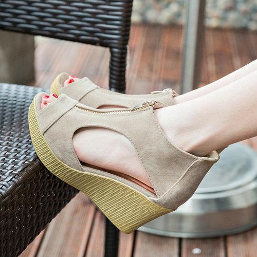 Hollow Out European Style Zipper Peep Toe Platform Wedge Heel Sandals