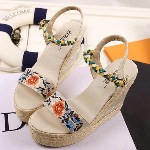 Flower Embroidery Leather National Wind Weave Buckle Peep Toe Platform Sandals