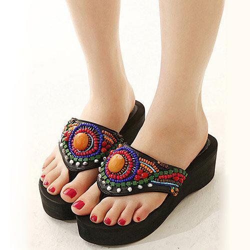 Bead Colorful Clip Toe National Wind Vintage Beach Platform Flip Flops Slipper