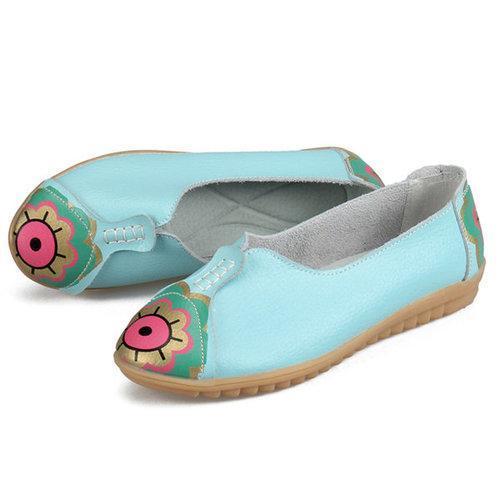 Flower Sun Eye Pattern Leather Soft Comfortable Slip On Flat Shoes