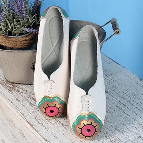 Flower Sun Eye Pattern Leather Soft Comfortable Slip On Flat Shoes