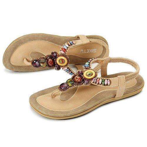 Big Size Bohemia Bead Clip Toe Elastic Flat Beach Flip Flops Sandals