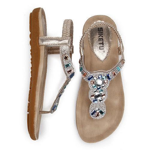 Bohemia Bead Rhinestone Crystal Clip Toe Elastic Beach Flat Flip Flops Sandals