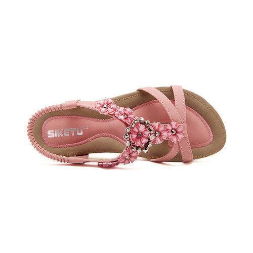 Bohemia Flower Bead Hollow Out Peep Toe Flat Slip On Beach Sandals