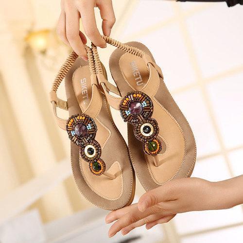 Bohemia Bead National Wind Vintage Retro Clip Toe Slip On Flat Beach Sandals