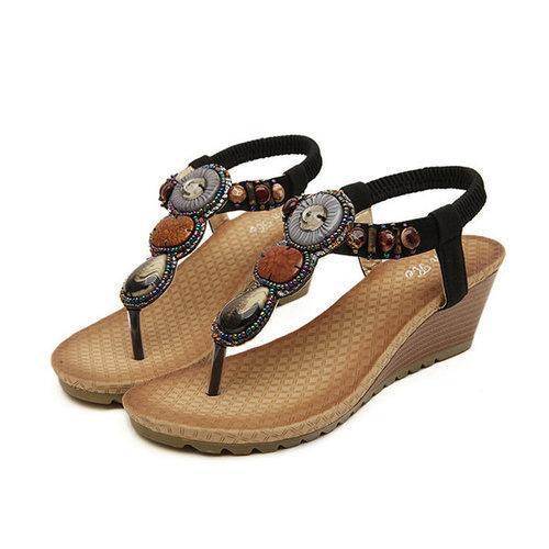 Bohemian Bead Clip Toe Elastic Wedge Heel Beach Flip Flops Sandals