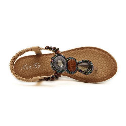 Bohemian Bead Clip Toe Elastic Wedge Heel Beach Flip Flops Sandals