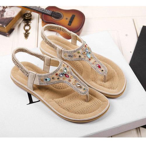 Bohemia Bead Crystal Clip Toe Elastic Flat Slip On Beach Sandals