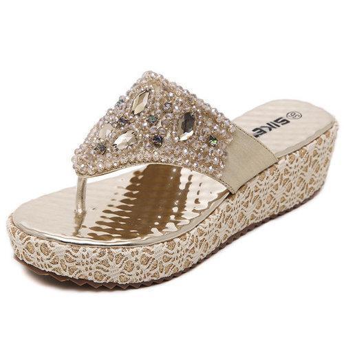 Bead Crystal Shiny Stripe Clip Toe Platform Beach Sandals Flip Flops