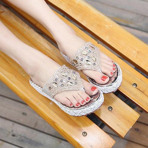 Bead Crystal Shiny Stripe Clip Toe Platform Beach Sandals Flip Flops