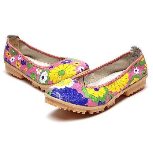 Colorful Flower Print Leather Soft Comfortable Slip On Flat Shoes