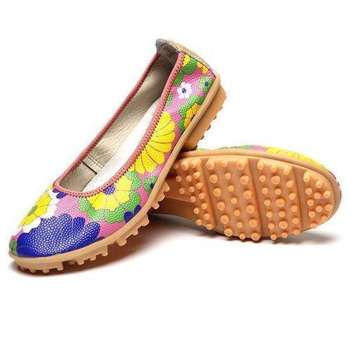 Colorful Flower Print Leather Soft Comfortable Slip On Flat Shoes