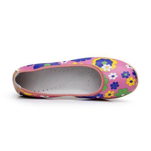 Colorful Flower Print Leather Soft Comfortable Slip On Flat Shoes