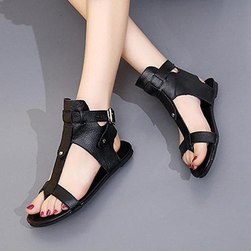 Black Leather Hollow Out Peep Toe Buckle Ankle Flat Roman Sandals Gladiators