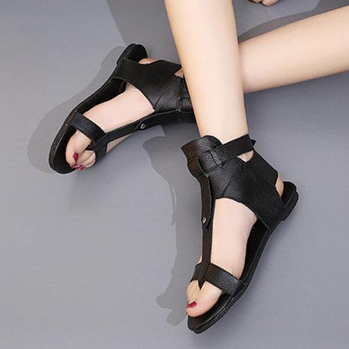 Black Leather Hollow Out Peep Toe Buckle Ankle Flat Roman Sandals Gladiators