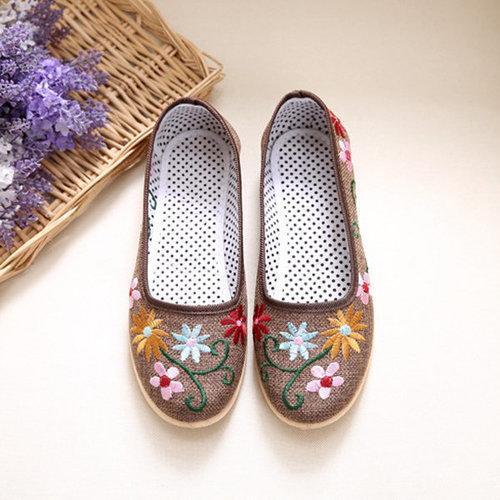 Embroidery Flower Print Canvas National Wind Slip On Flat Shoes