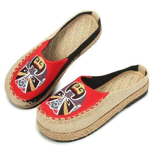 Theatrical Mask Flax National Wind Open Heel Slip On Flat Loafers