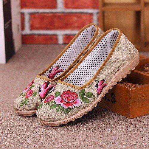 Floral Print Slip On Retro Flat Embroidery Breathable Shoes