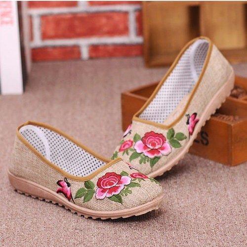 Floral Print Slip On Retro Flat Embroidery Breathable Shoes