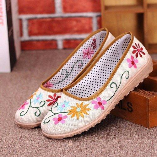 Floral Print Slip On Retro Flat Embroidery Breathable Shoes