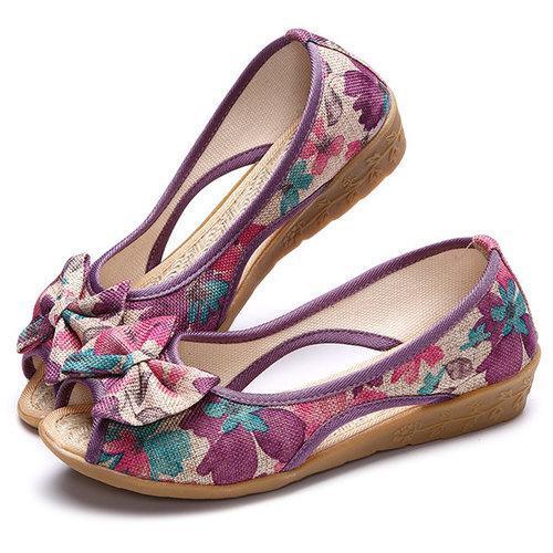 Flower Print Bowknot Flax Peep Toe National Wind Slip On Flat Shoes